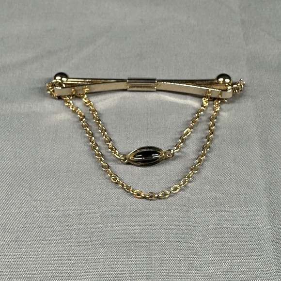 Vintage Swank Gold Tone Tie Bar Clip w/ Double Chain & Black Glass Accent - Picture 1 of 6